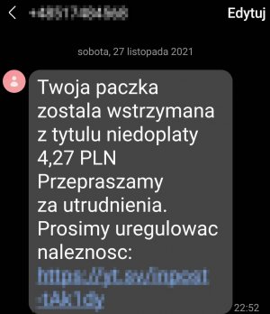 Zdjęcie wiadomości tekstowej z telefonu komórkowego, z fałszywym linkiem do złośliwej aplikacji kradnącej pieniądze z konta bankowego.