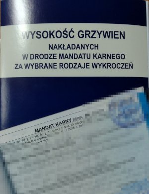 Książka w niebieskiej oprawie a pod nią karta mandatu karnego taryfikowanego.