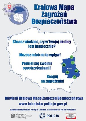 Mapa Polski na szarym tle z napisem Krajowa Mapa Zagrożeń Bezpieczeństwa.