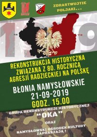 Plakat zapraszający na rekonstrukcję historyczną na namysłowskie błonia w rocznicę agresji wojsk radzieckich na Polskę.