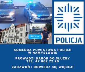 Radiowozy policyjne i budynek komendy a obok napisy policja i oferta do służby w policji.