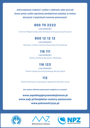 Tablica z informacjami dla osób potrzebujących pomocy ze względu na zły stan zdrowia psychicznego oraz numery telefonów.