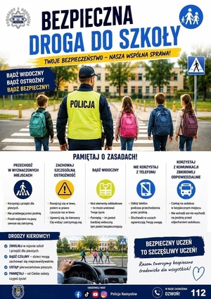 Zdjęcie przedstawia najważniejsze zasady bezpiecznej drogi do szkoły. Zdjęcie zawiera elementy wygenerowane przez AI