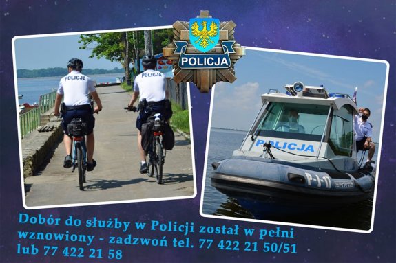 Dwóch umundurowanych policjantów jedzie na rowerze a obok drugie zdjęcie z motorówką policyjną.