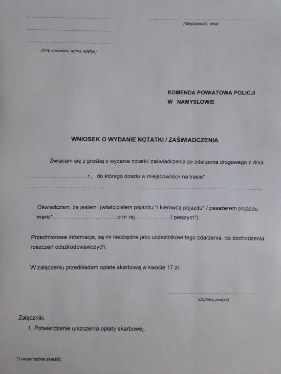 Zdjęcie wzoru wniosku o wydanie notatki z policji w Namysłowie.